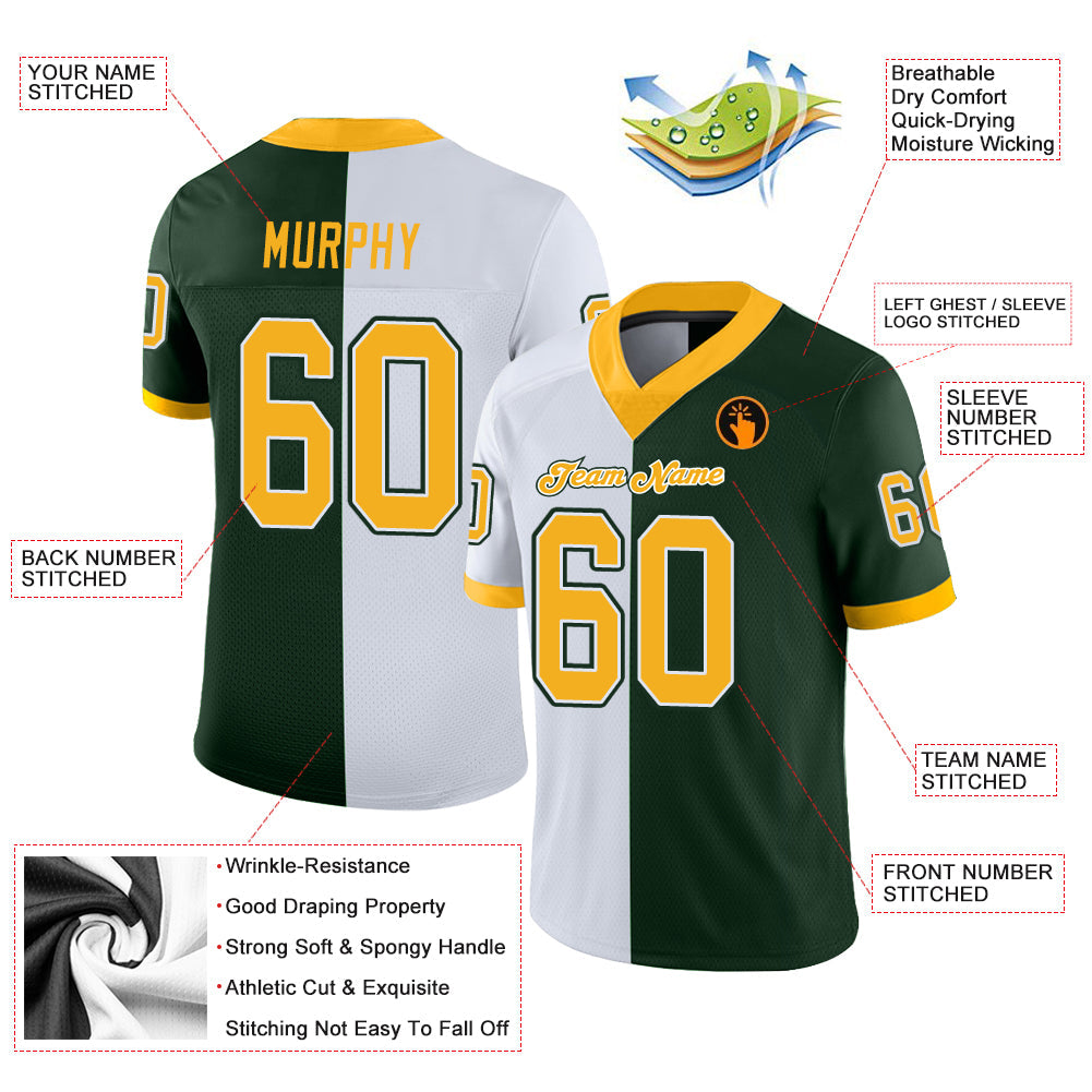 Custom Green Gold-White Split Fashion Football Jersey - Front