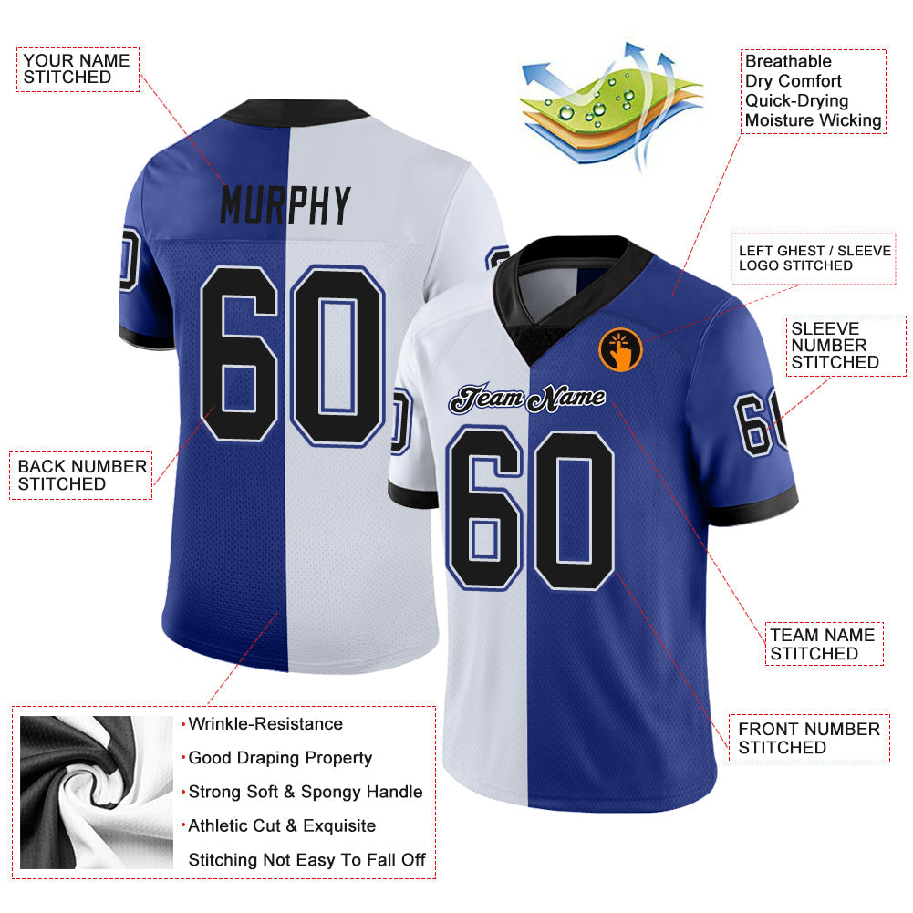 Custom Royal Black-White Split Fashion Football Jersey - Front