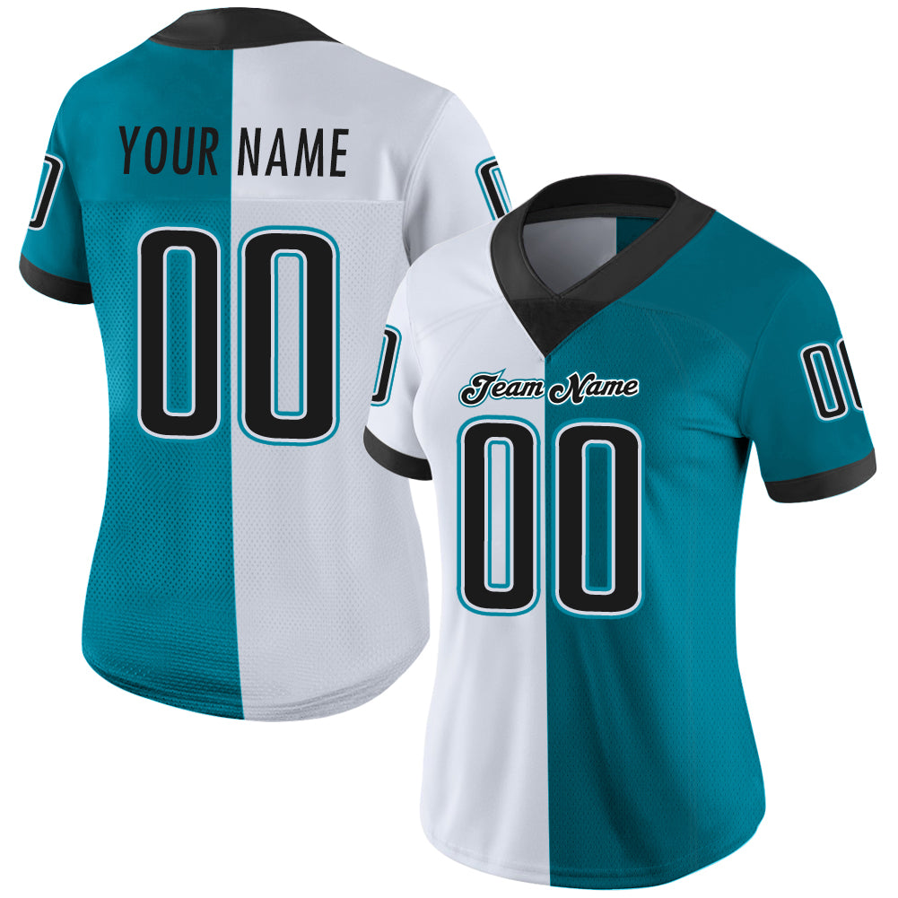 Custom Teal Black-White Split Fashion Football Jersey - Back