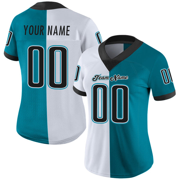 Custom Teal Black-White Split Fashion Football Jersey alternate