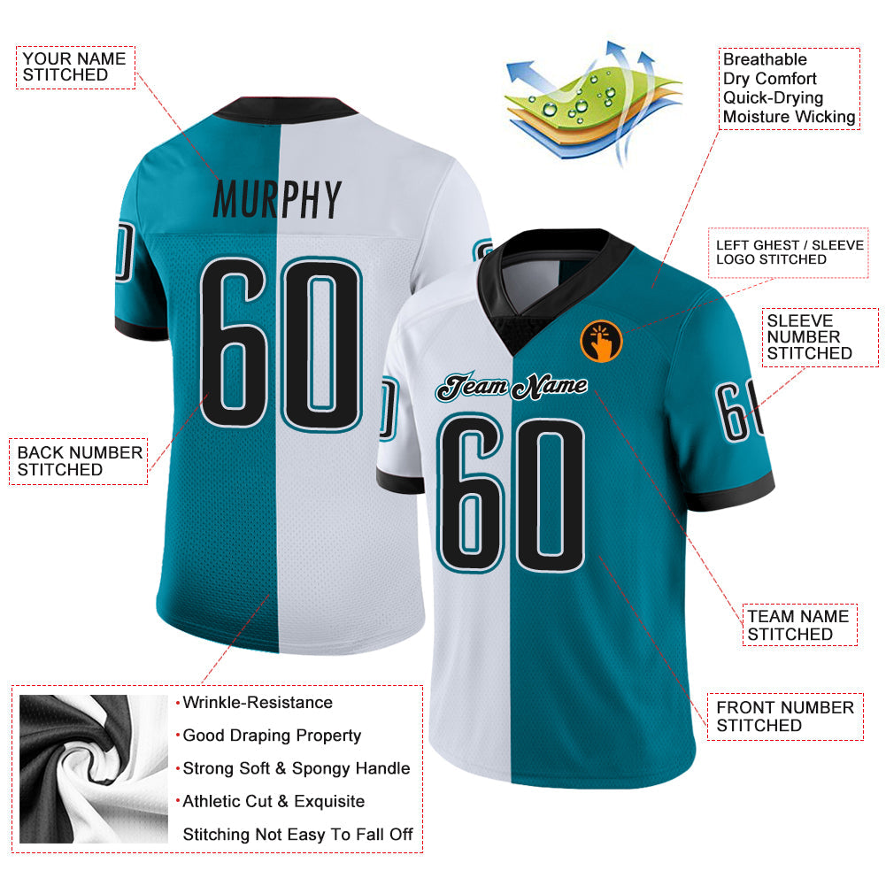 Custom Teal Black-White Split Fashion Football Jersey - Front