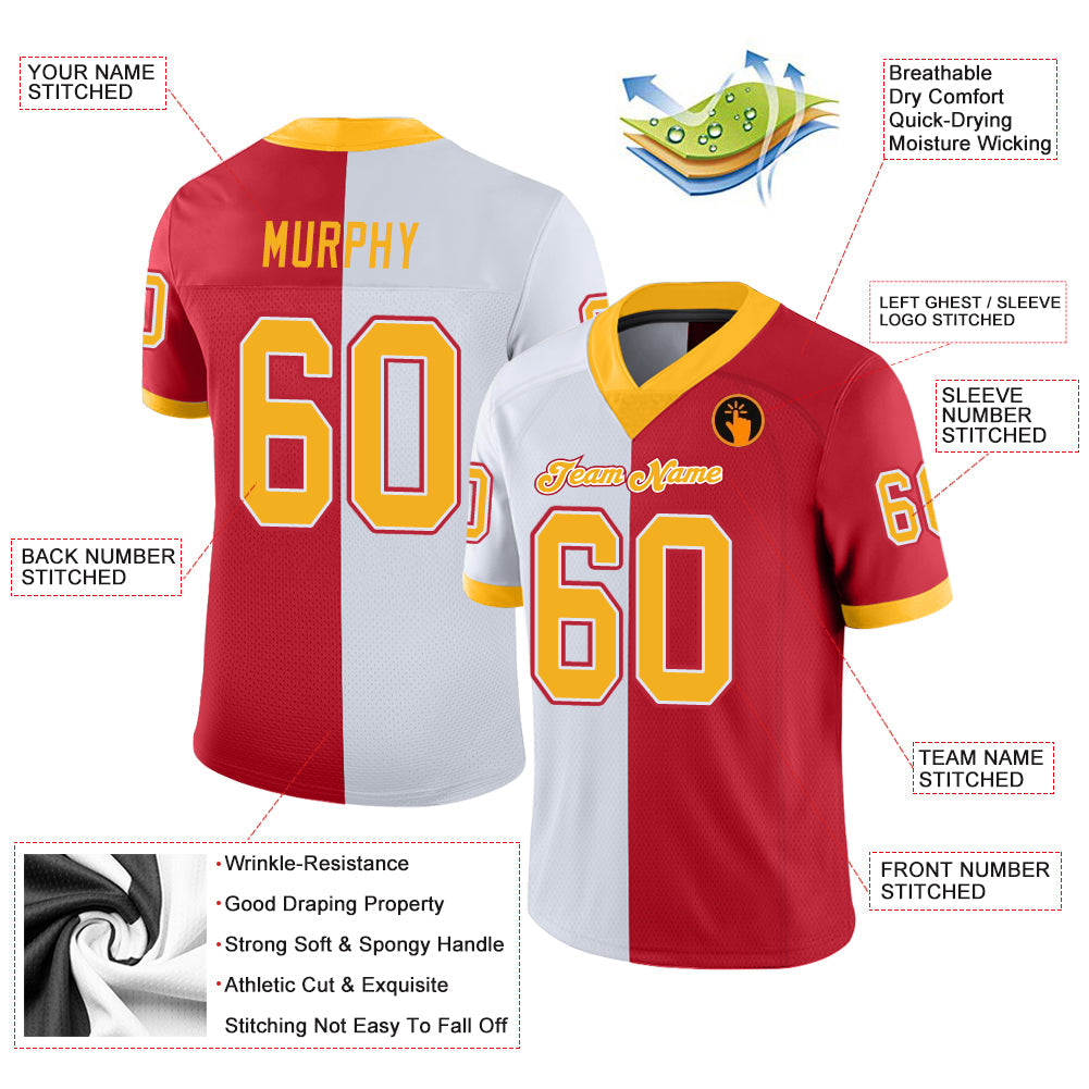 Custom Scarlet Gold-White Split Fashion Football Jersey - Front