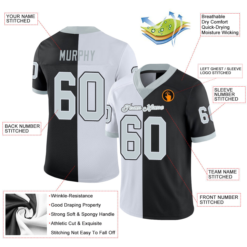 Custom Black Silver-White Split Fashion Football Jersey - Front