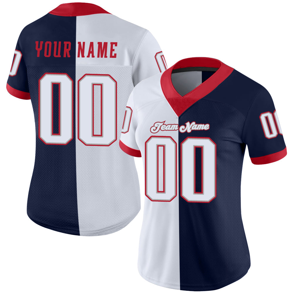 Custom Navy White-Scarlet Split Fashion Football Jersey - Back