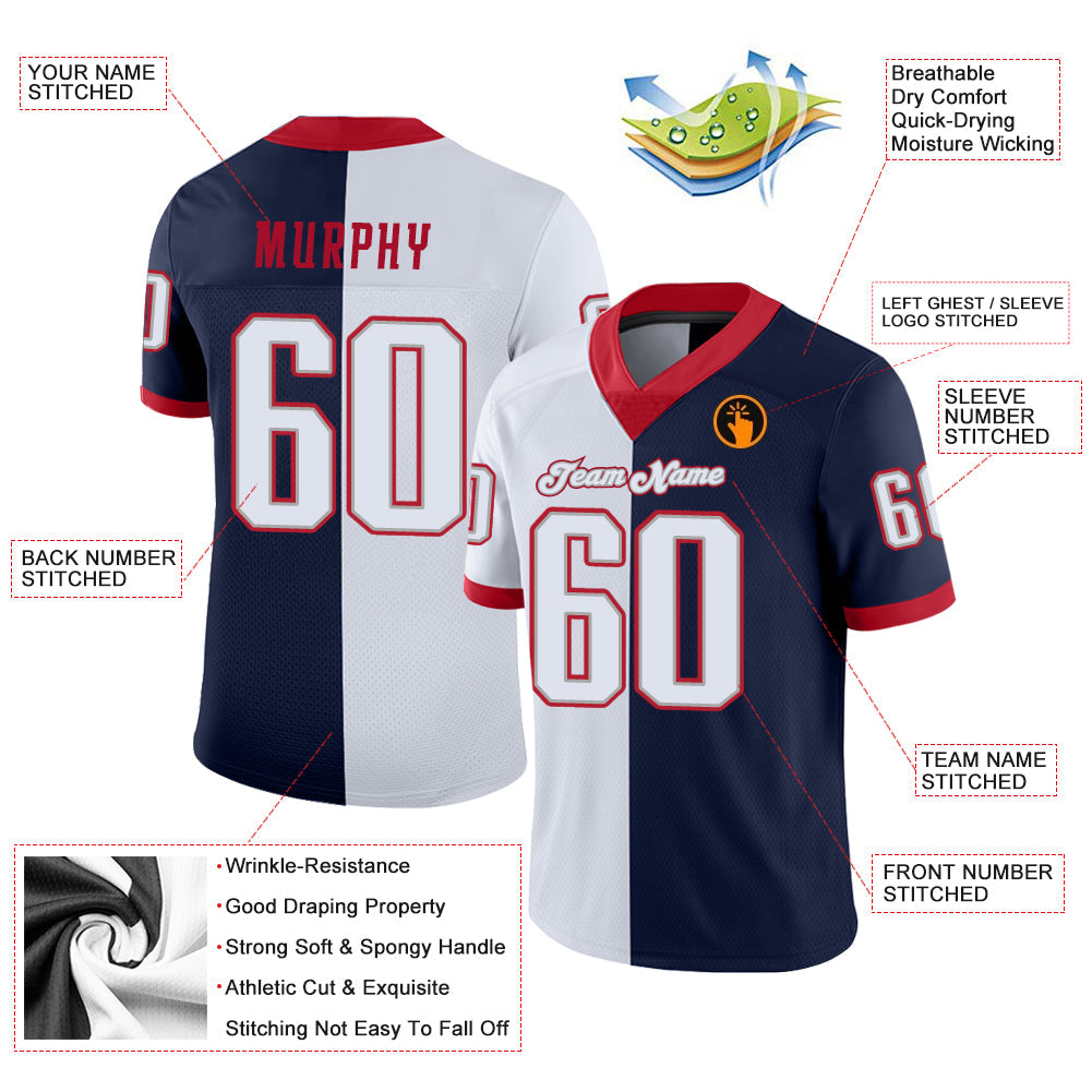 Custom Navy White-Scarlet Split Fashion Football Jersey - Front
