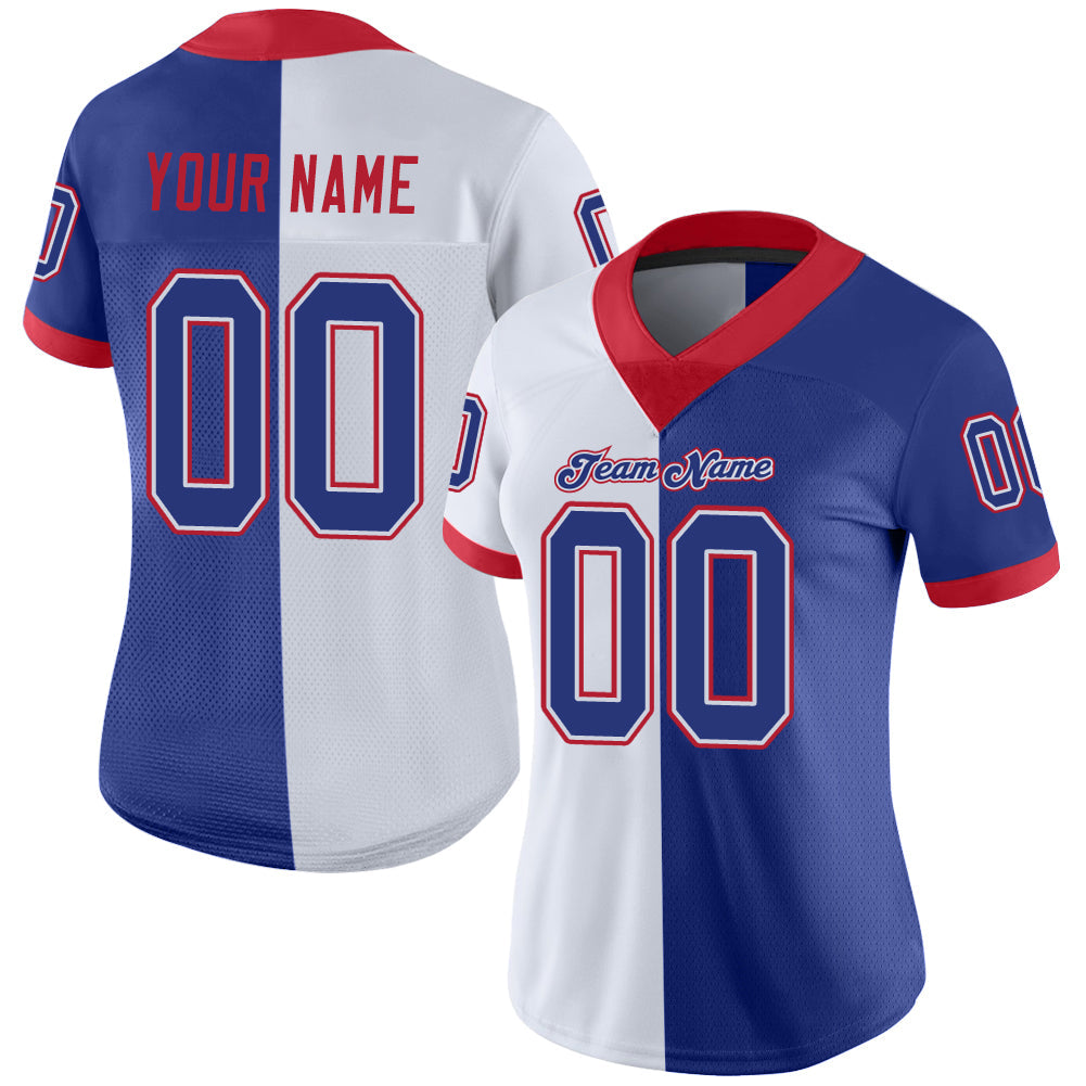 Custom White Royal-Scarlet Split Fashion Football Jersey - Back