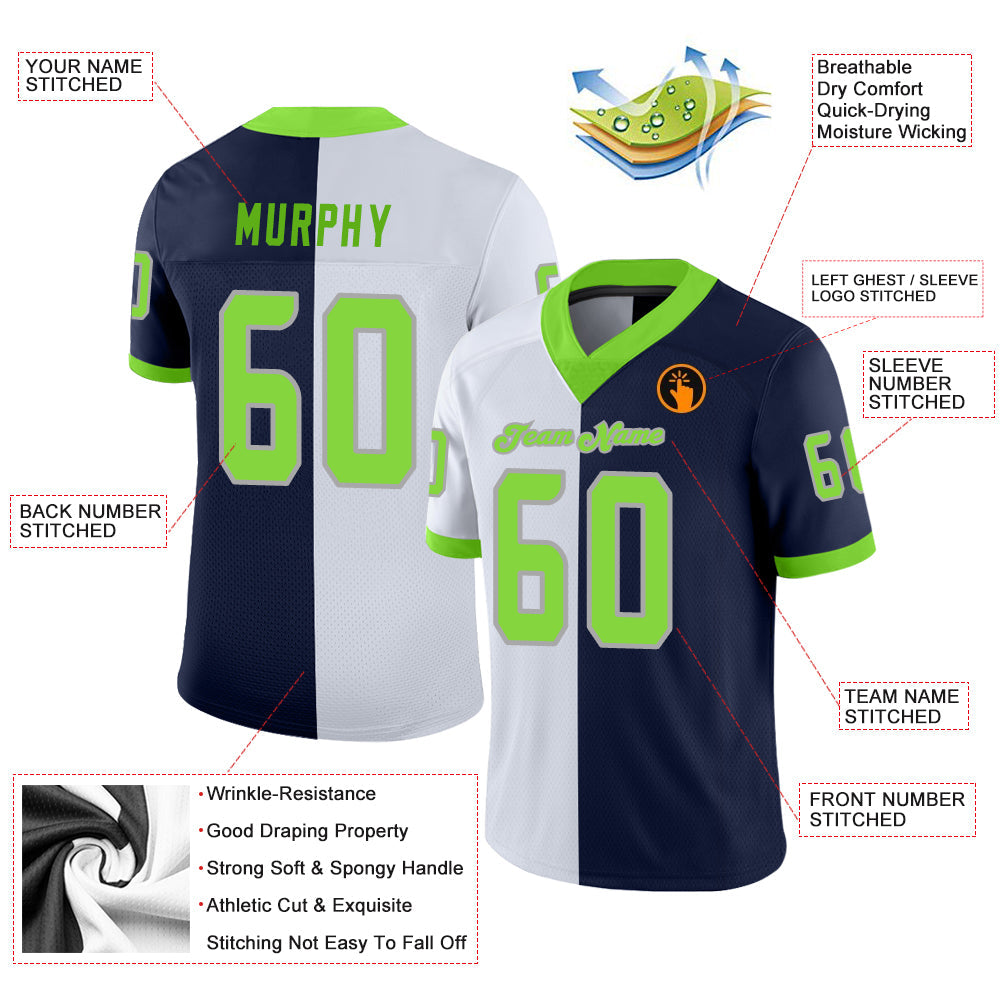 Custom Navy Neon Green-White Split Fashion Football Jersey - Front