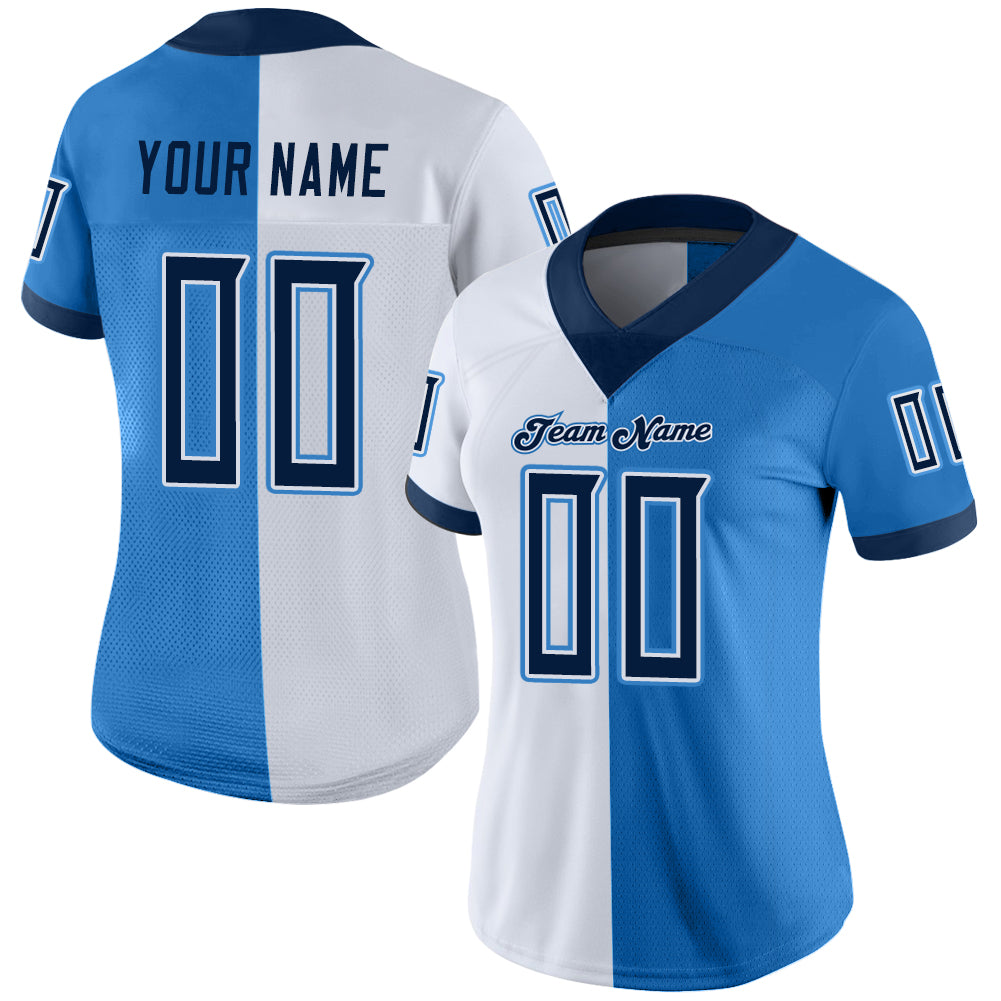 Custom Powder Blue Navy-White Split Fashion Football Jersey - Back