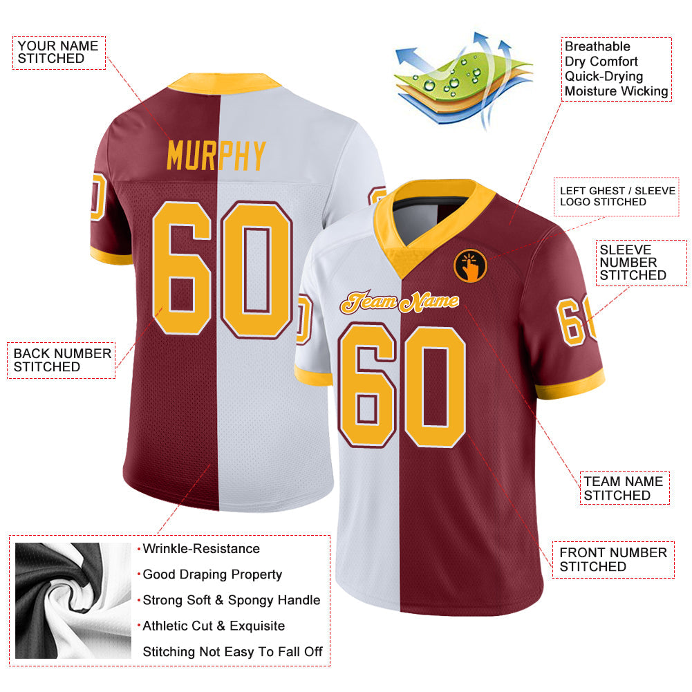 Custom Burgundy Gold-White Split Fashion Football Jersey - Front