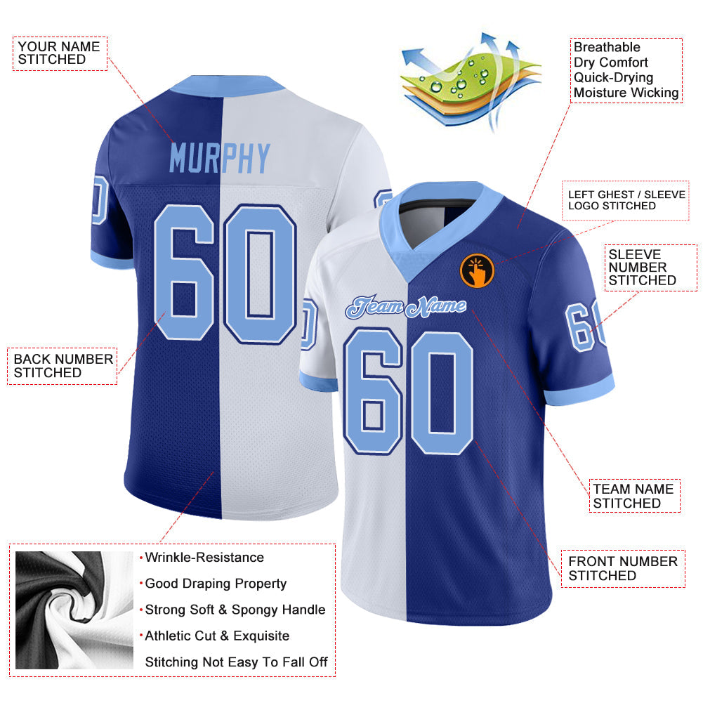 Custom Royal Light Blue-White Split Fashion Football Jersey - Front