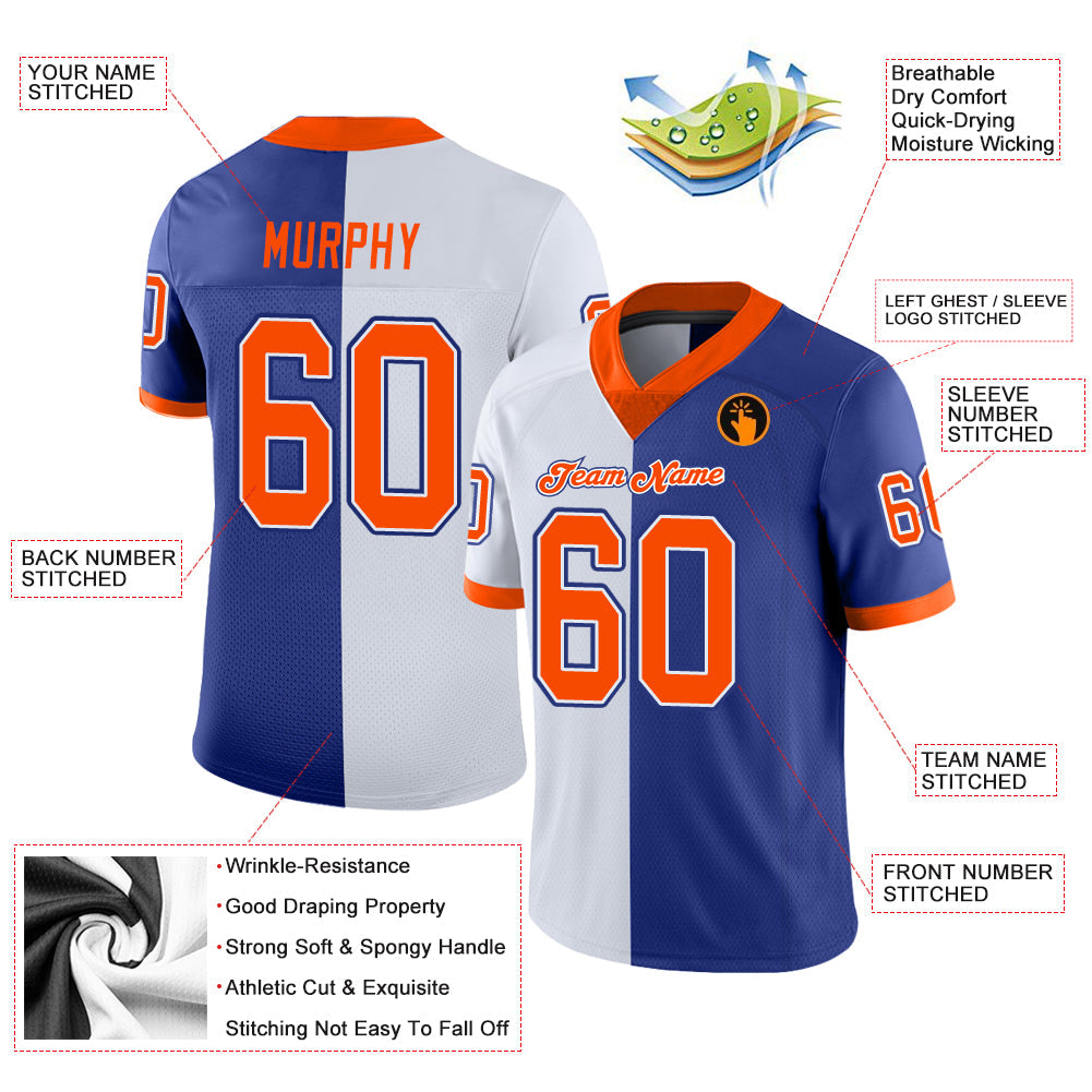 Custom Royal Orange-White Split Fashion Football Jersey - Front