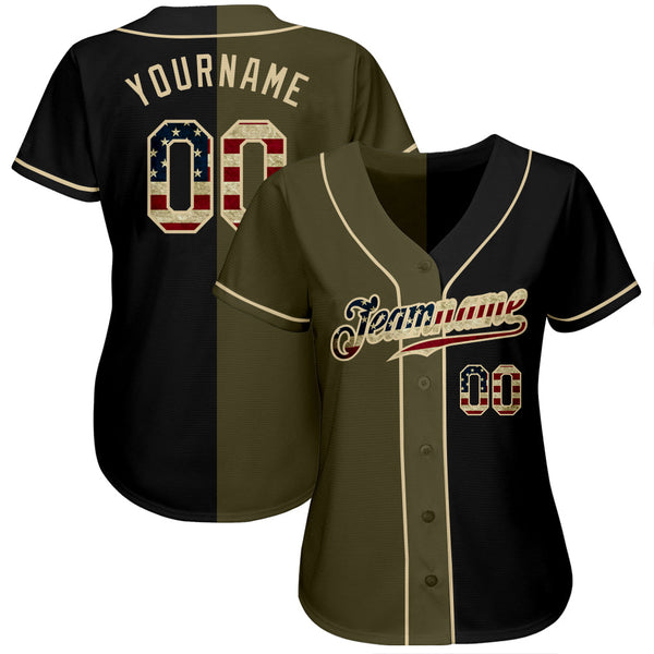 Custom Black Vintage USA Flag-Olive Authentic Split Fashion Baseball Jersey alternate