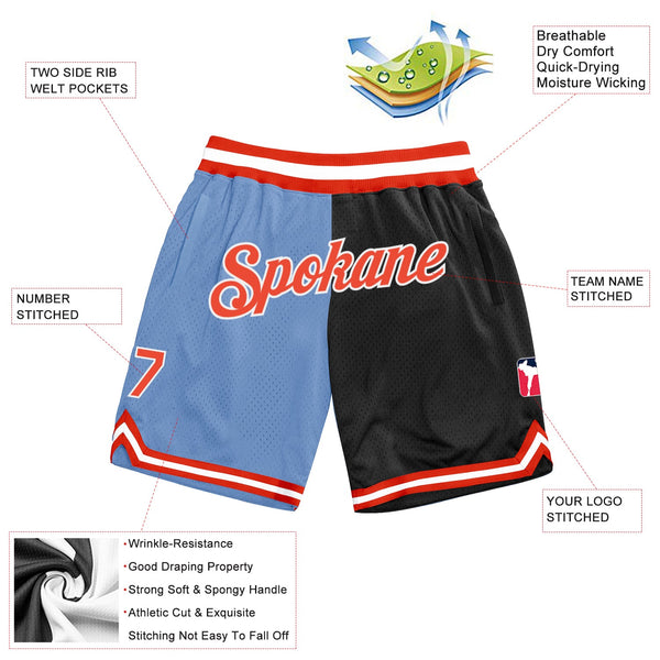 Custom Light Blue Orange-Black Authentic Throwback Split Fashion Basketball Shorts alternate