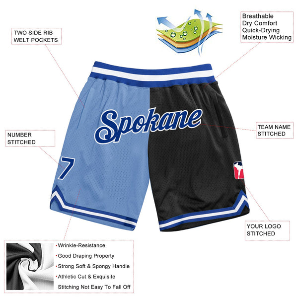 Custom Light Blue Royal-Black Authentic Throwback Split Fashion Basketball Shorts alternate