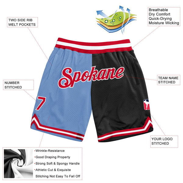 Custom Light Blue Red-Black Authentic Throwback Split Fashion Basketball Shorts alternate