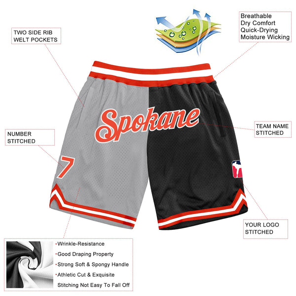 Custom Gray Orange-Black Authentic Throwback Split Fashion Basketball Shorts alternate