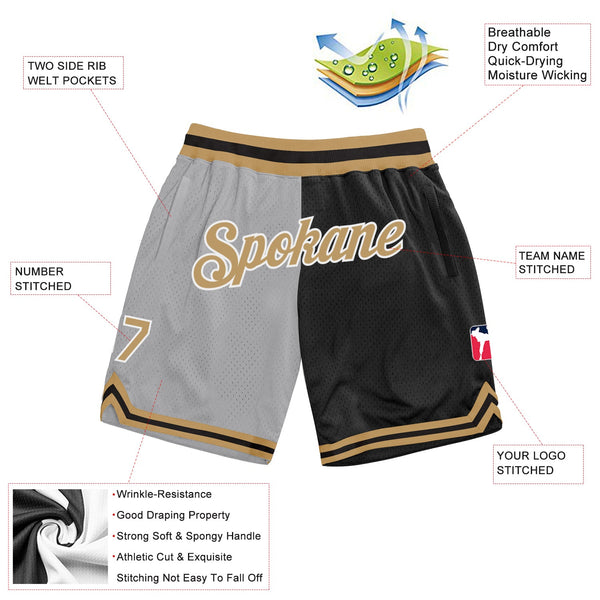 Custom Gray Old Gold-Black Authentic Throwback Split Fashion Basketball Shorts alternate