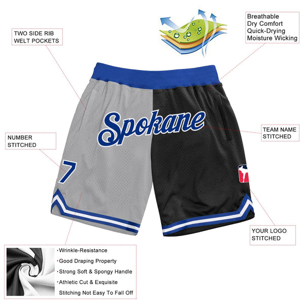 Custom Gray Royal-Black Authentic Throwback Split Fashion Basketball Shorts alternate