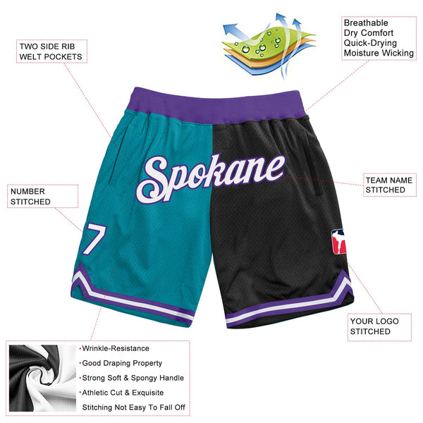 Custom Teal White-Black Authentic Throwback Split Fashion Basketball Shorts alternate
