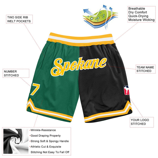 Custom Kelly Green Gold-Black Authentic Throwback Split Fashion Basketball Shorts alternate
