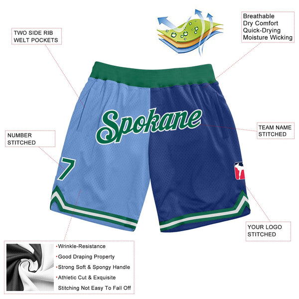 Custom Light Blue Kelly Green-Royal Authentic Throwback Split Fashion Basketball Shorts alternate