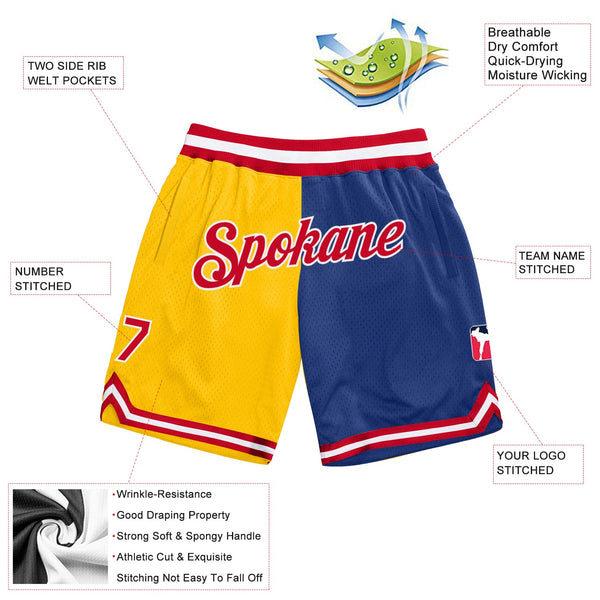 Custom Gold Red-Royal Authentic Throwback Split Fashion Basketball Shorts alternate