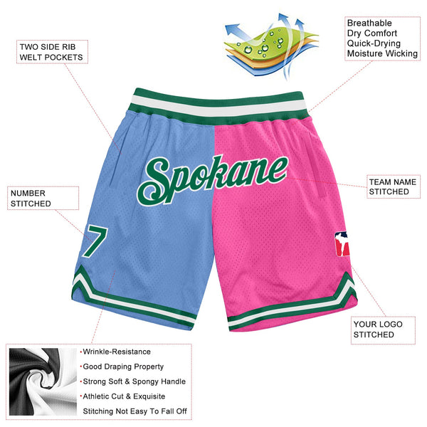 Custom Light Blue Kelly Green-Pink Authentic Throwback Split Fashion Basketball Shorts alternate