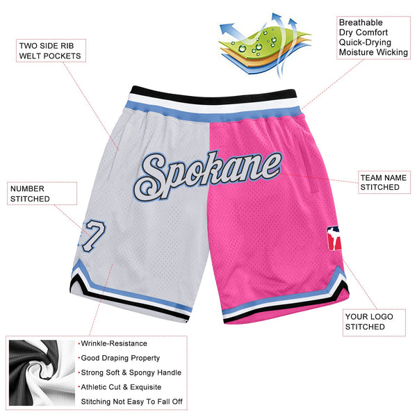 Custom Pink White-Light Blue Authentic Throwback Split Fashion Basketball Shorts alternate