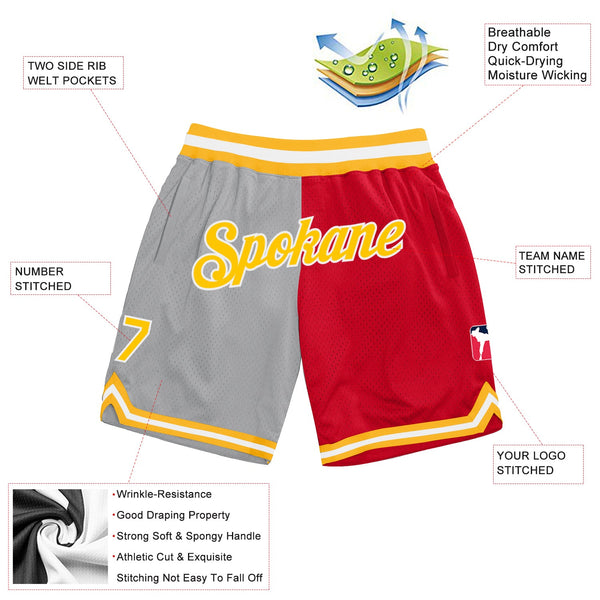 Custom Gray Gold-Red Authentic Throwback Split Fashion Basketball Shorts alternate