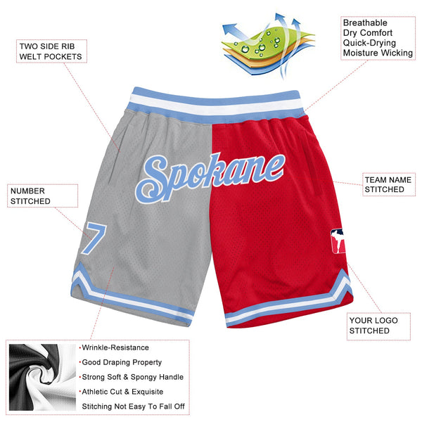 Custom Gray Light Blue-Red Authentic Throwback Split Fashion Basketball Shorts alternate