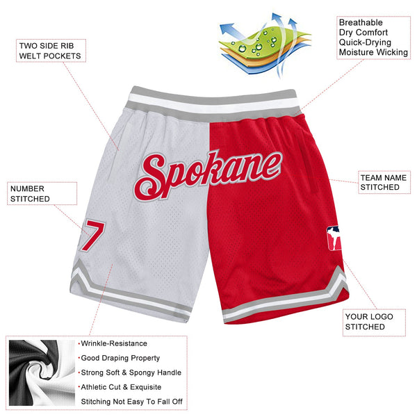 Custom White Red-Gray Authentic Throwback Split Fashion Basketball Shorts alternate