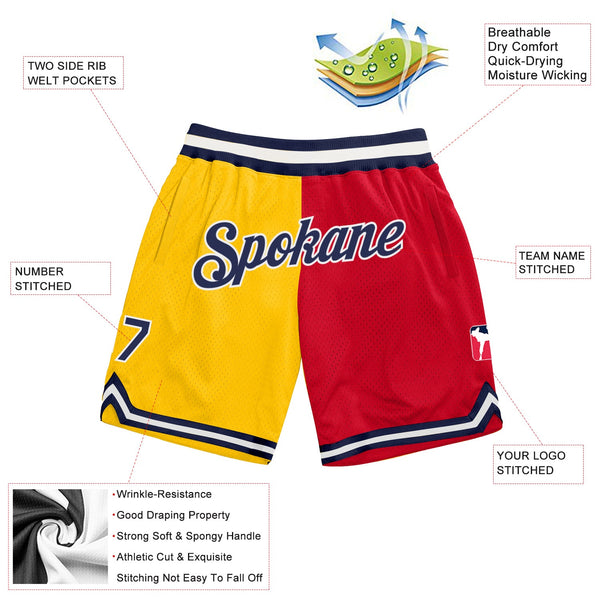 Custom Gold Navy-Red Authentic Throwback Split Fashion Basketball Shorts alternate