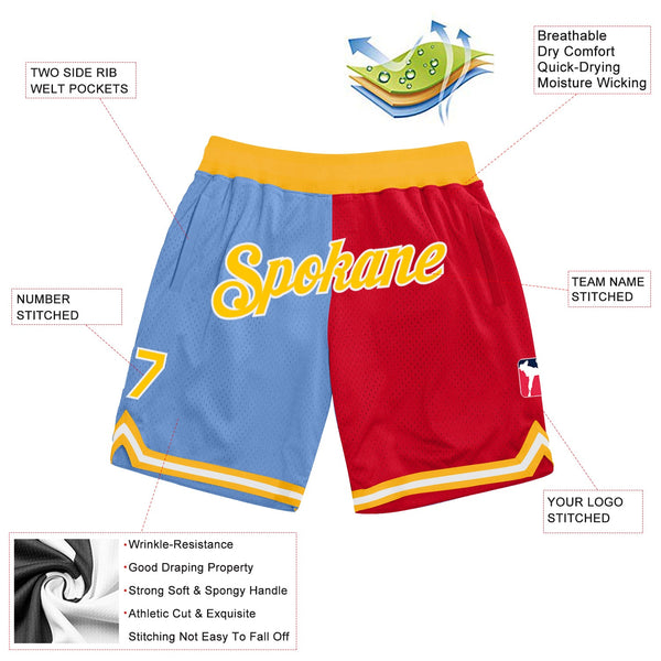 Custom Light Blue Gold-Red Authentic Throwback Split Fashion Basketball Shorts alternate