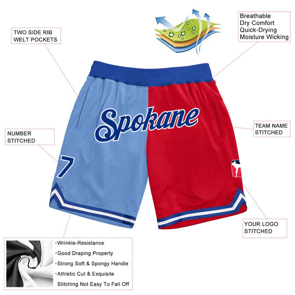 Custom Light Blue Royal-Red Authentic Throwback Split Fashion Basketball Shorts alternate