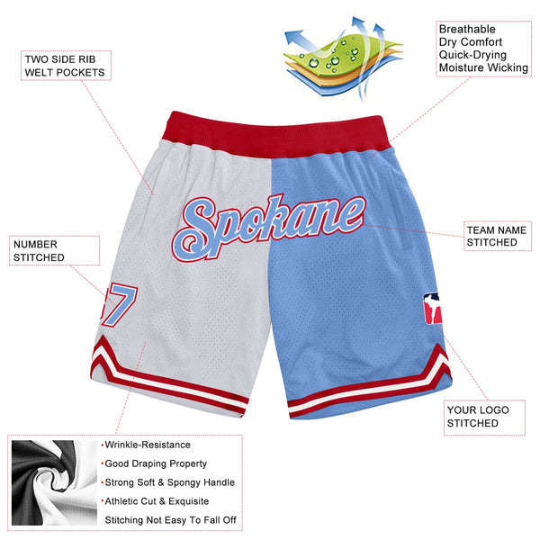 Custom White Light Blue-Red Authentic Throwback Split Fashion Basketball Shorts alternate