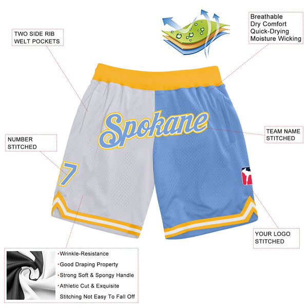 Custom White Light Blue-Gold Authentic Throwback Split Fashion Basketball Shorts alternate
