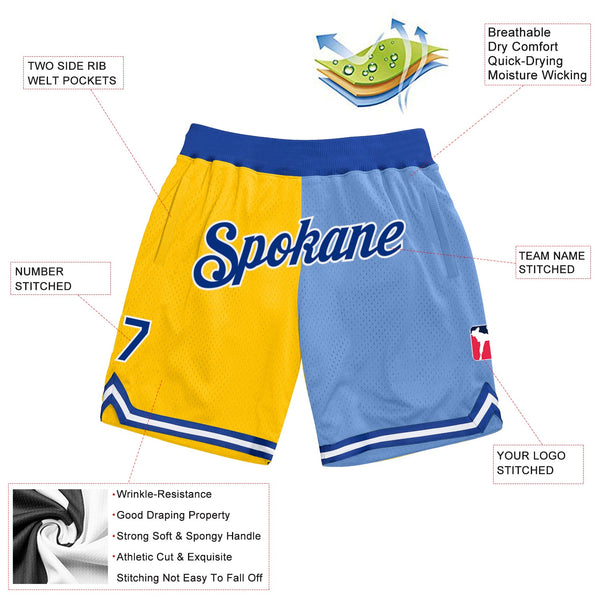 Custom Gold Royal-Light Blue Authentic Throwback Split Fashion Basketball Shorts alternate