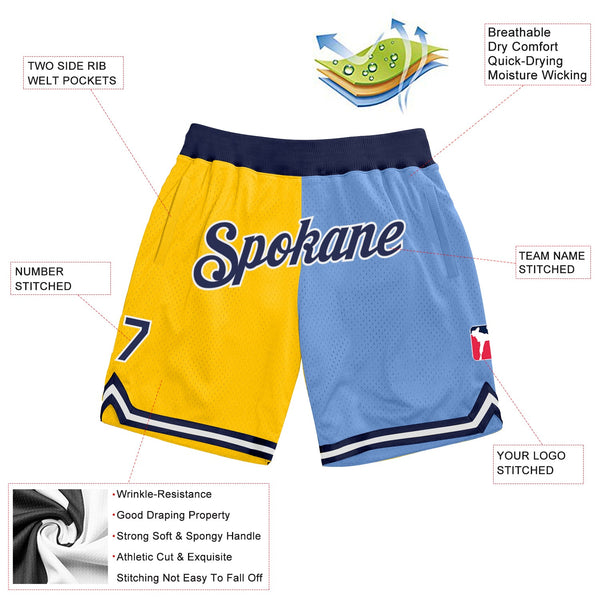 Custom Gold Navy-Light Blue Authentic Throwback Split Fashion Basketball Shorts alternate
