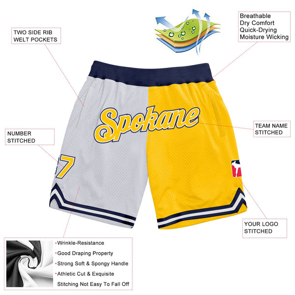 Custom White Gold-Navy Authentic Throwback Split Fashion Basketball Shorts alternate