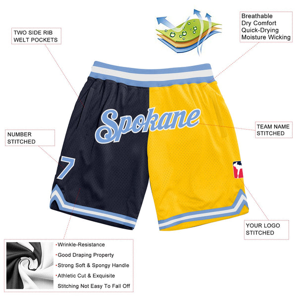 Custom Navy Light Blue-Gold Authentic Throwback Split Fashion Basketball Shorts alternate
