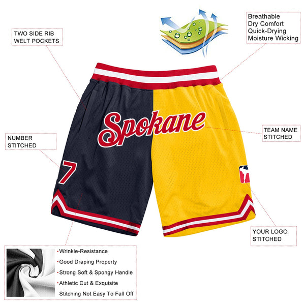 Custom Navy Red-Gold Authentic Throwback Split Fashion Basketball Shorts alternate