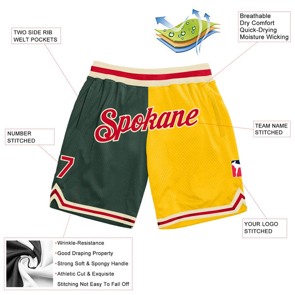 Custom Hunter Green Red-Gold Authentic Throwback Split Fashion Basketball Shorts alternate