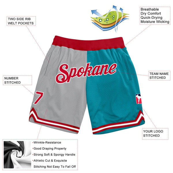 Custom Gray Red-Teal Authentic Throwback Split Fashion Basketball Shorts alternate