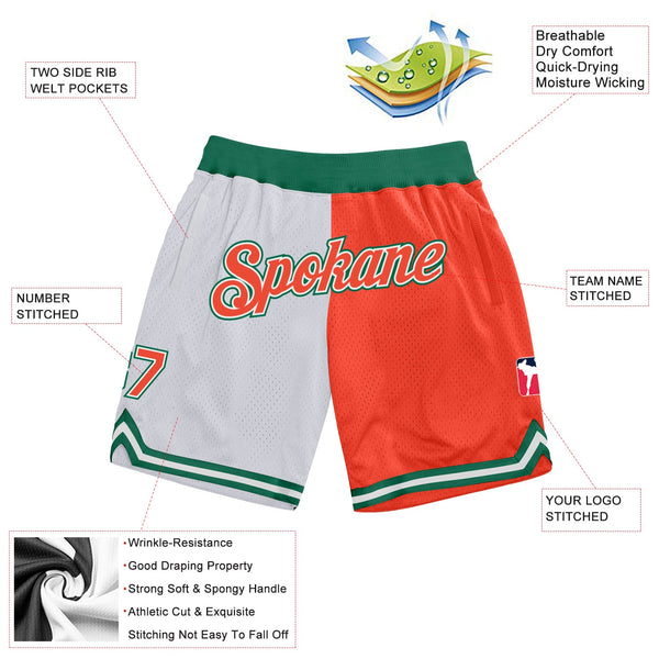 Custom White Orange-Kelly Green Authentic Throwback Split Fashion Basketball Shorts alternate
