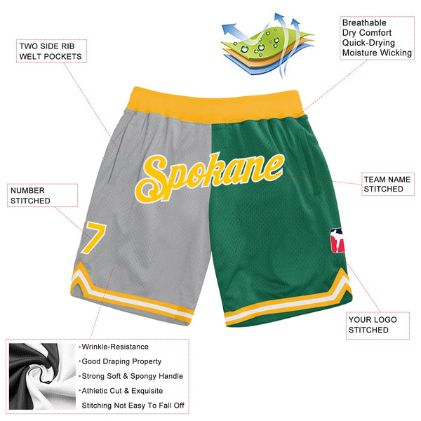 Custom Gray Gold-Kelly Green Authentic Throwback Split Fashion Basketball Shorts alternate