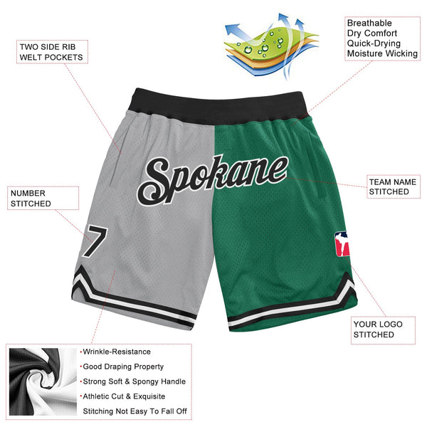 Custom Gray Black-Kelly Green Authentic Throwback Split Fashion Basketball Shorts alternate