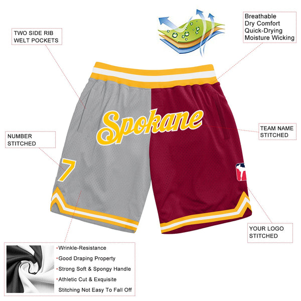 Custom Gray Gold-Maroon Authentic Throwback Split Fashion Basketball Shorts alternate