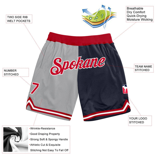 Custom Gray Red-Navy Authentic Throwback Split Fashion Basketball Shorts alternate