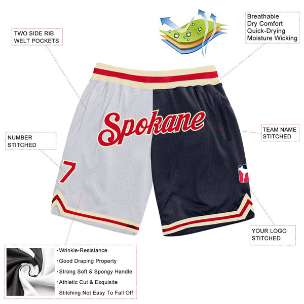 Custom White Red-Navy Authentic Throwback Split Fashion Basketball Shorts alternate