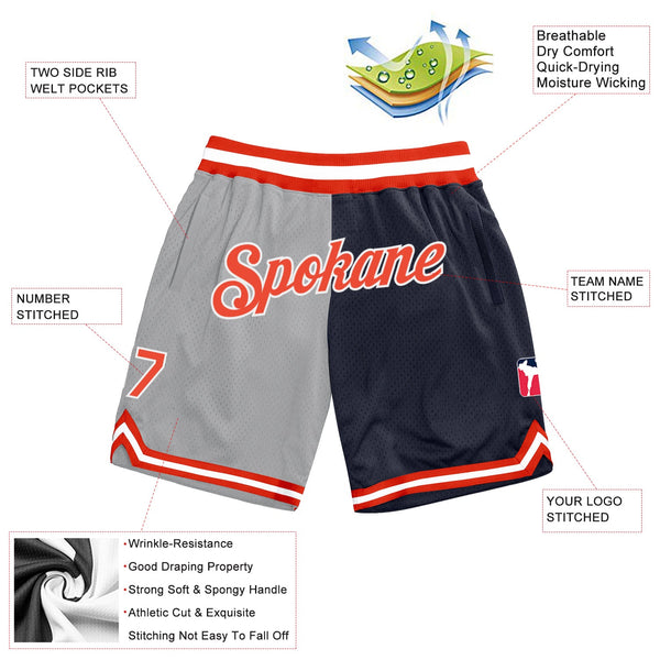 Custom Gray Orange-Navy Authentic Throwback Split Fashion Basketball Shorts alternate